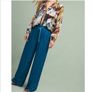 Anthro Elevenses Teal Silky Wide-Leg Pants